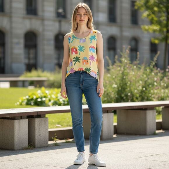 Jams World Tank Top Resort Tropical Rayon Curved Hi-Lo Hem Women's W690 | L EUC - Picture 9 of 9